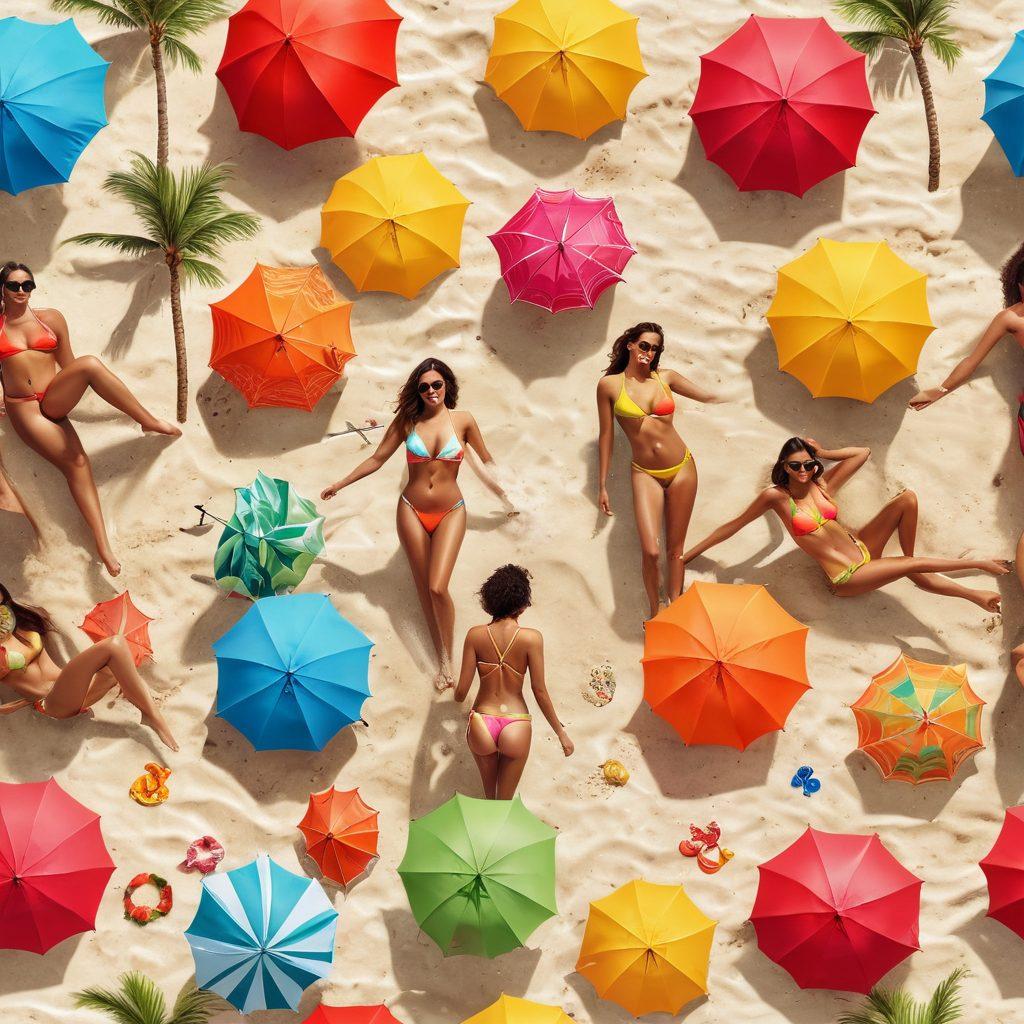 A vibrant beach scene featuring a diverse group of confident, stylish individuals showcasing the latest sexy swimwear and flirty bikinis. Include colorful umbrellas, palm trees swaying in the breeze, and soft sandy shores. Emphasize fun and joy with splashes of water and bright summer sun, creating an inviting atmosphere. super-realistic. vibrant colors. upbeat mood.